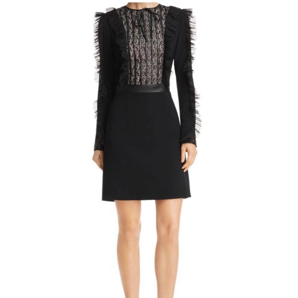 NWOT long sleeve mid length black dress with lace- trimmed with leather detail